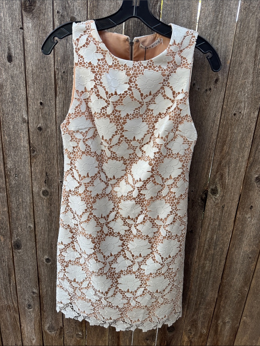Alice + Olivia White Floral Lace Shift Dress with Nude Underlay